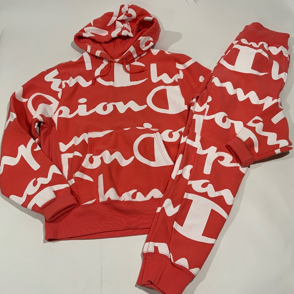 Champion Sz S/M Orange Reverse Weave All over Print Hoodie Pants